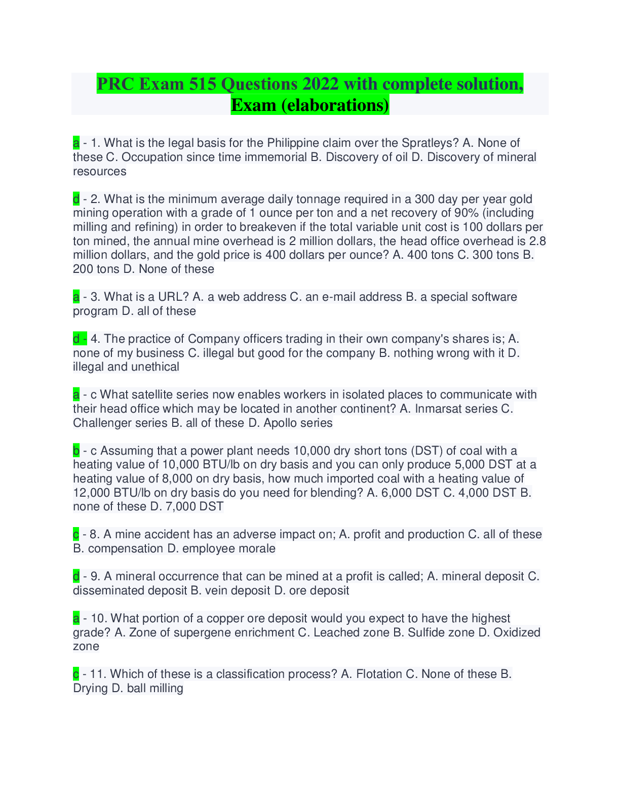Preview of PRC Exam 515 Questions 2022 with complete solution, Exam (elaborations)
